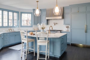 Trending blue cornflower kitchen remodel design by Denny and Gardner Vienna VA
